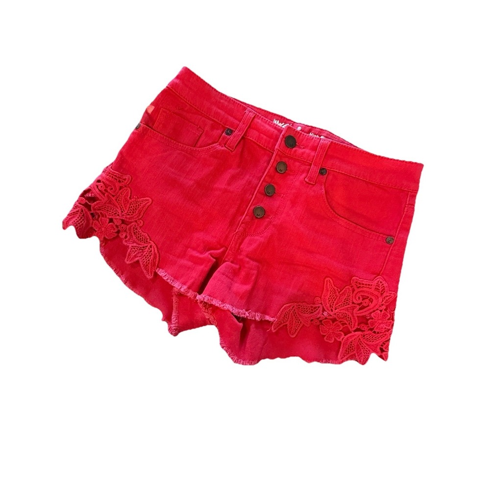 Mossimo Red Denim Lace High Rise Shorts 4/27 Super Stretch Red Button Fly Bootie